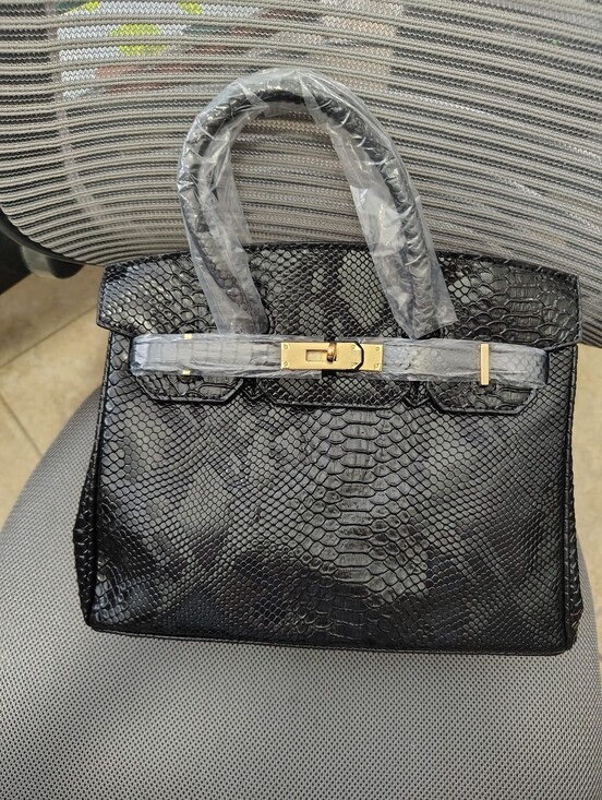 Handbags - Brand New Fashion bag  Black Faux Snake-Texture Top-Handle with Gold Hardware